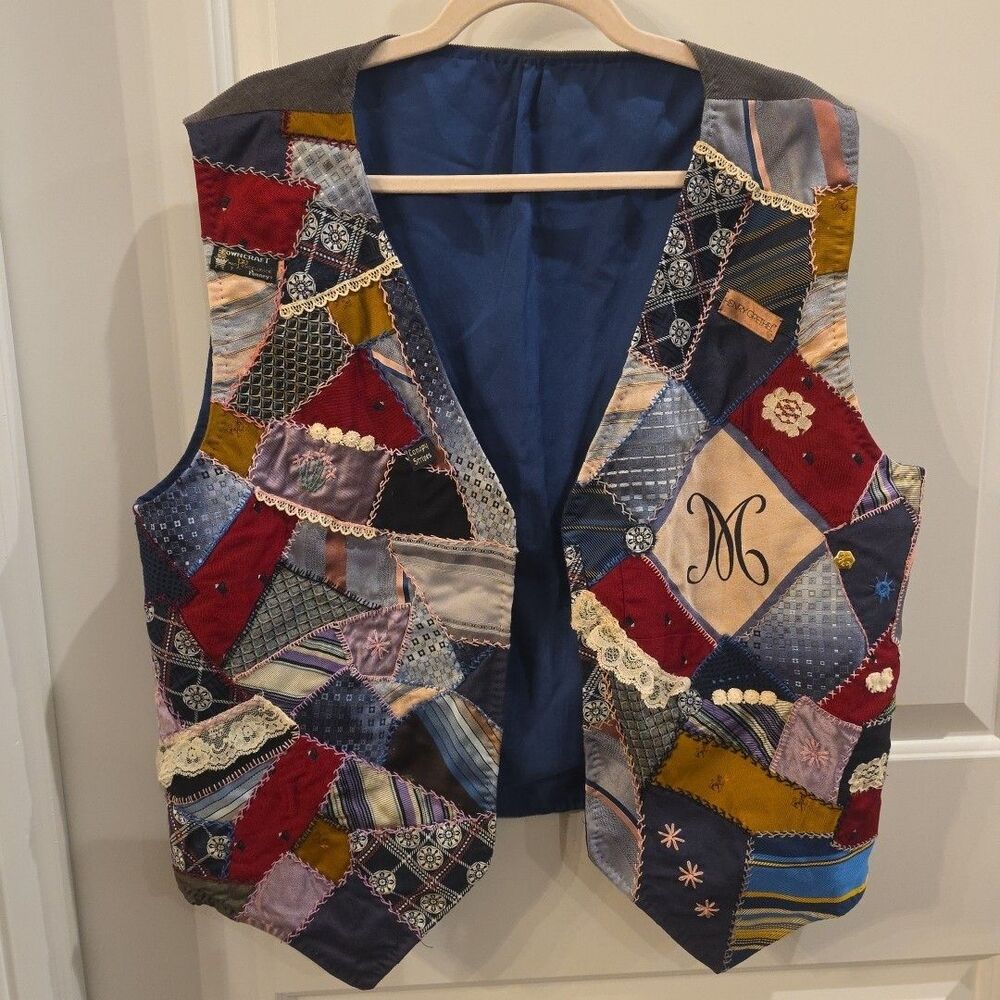 Handmade Patchwork Vest Silk Tie Quilted Boho Artsy Monogram "M" OOAK Festival